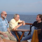 008 Two Dutch and a Belgian on the boat to Mt Athos: Peter Bakker, Marcel van Herck, Dolf Wissmann